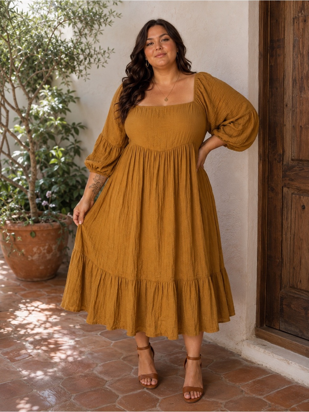 Ashley Stewart Mustard Square Neck Cotton Midi Dress in Mustard